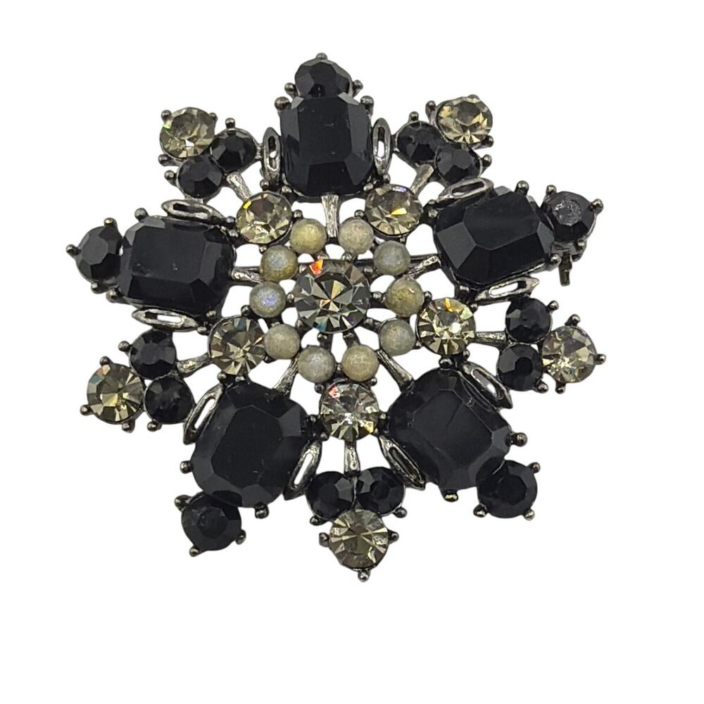 Vintage Black Clear Rhinestone Emerald Cut Statement Brooch
